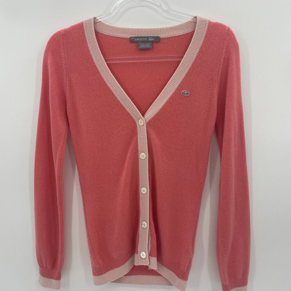 LACOSTE Cashmere Cardigan Womens Size 34 / US Size 2 Pink Preppy V-Neck Sweater